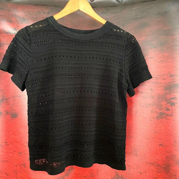 Ichi black pointelle knit sweater short sleeves with transparency - Picture 1 of 9